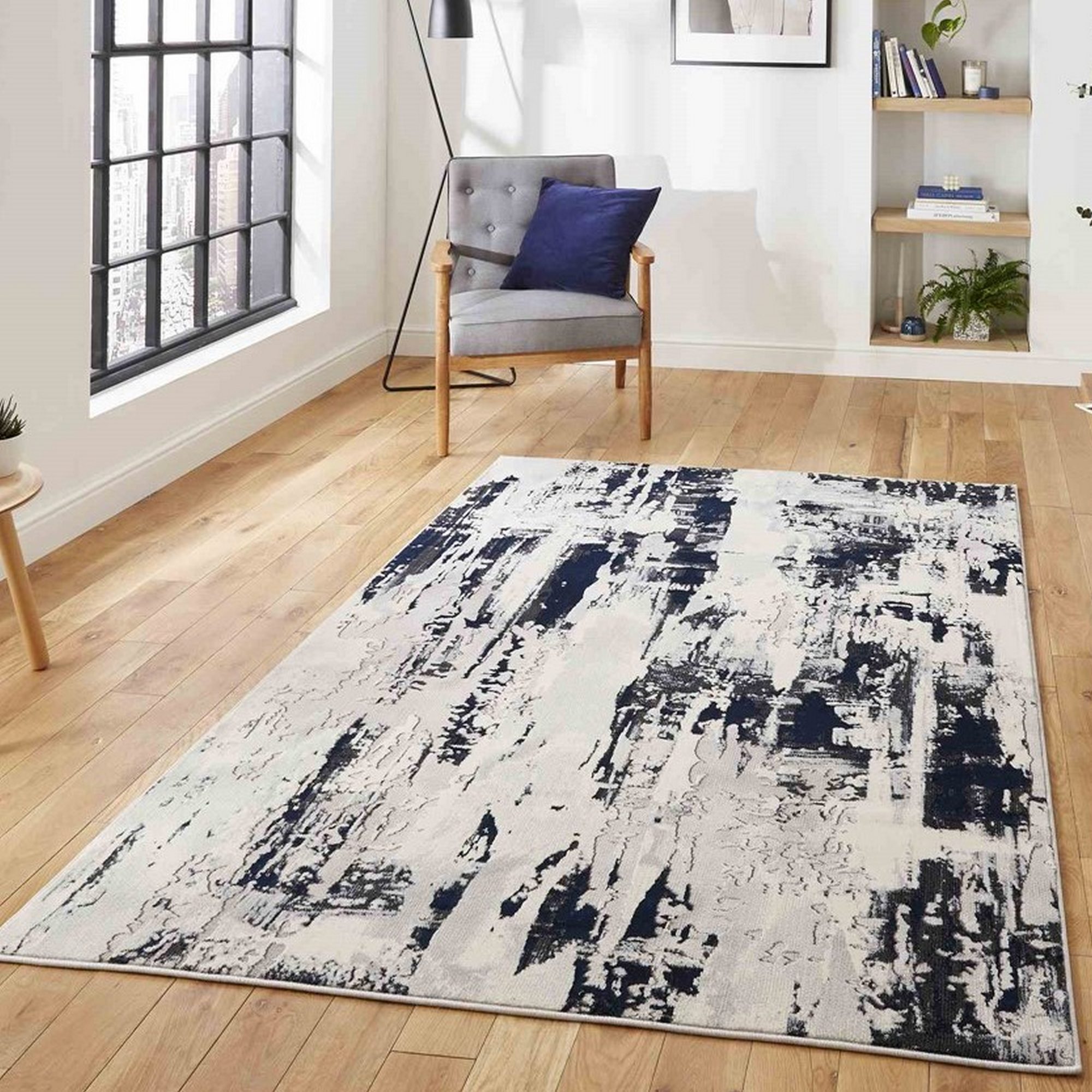 Apollo Gr579 Modern Abstract Distressed Rugs In Grey Navy Blue